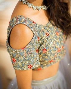 Shoulder Blouse Designs, Cold Shoulder Saree Blouse, Cold Shoulder Blouse Designs, Saree Jacket Designs, Latest Saree Blouse, Saree Jackets, Blouse Designs Catalogue, Lehenga Blouse Designs, Blouse Ideas