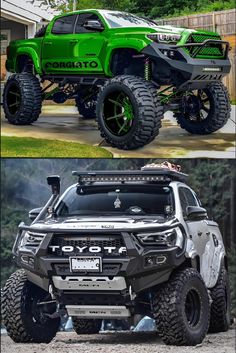 the front and side view of a green truck with large wheels on it's tires