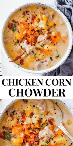 chicken corn chowder in a white bowl with a spoon on the side and an image of