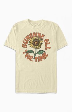 Online only! If sunflowers are your favorite then the Sunshine All The Time T-Shirt is perfect for you. This tee is complete with short sleeves, a crew neckline, and a front graphic. Solid color tee Short sleeves Crew neckline Front graphic PacSun Womens Sunshine All The Time T-Shirt size Medium Relaxed Fit Sunflower Print Graphic Tee, Summer Graphic Tee With Sunflower Print, Sunflower Shirt, Boyfriend T Shirt, T-shirts & Tank Tops, Top Graphic Tees, Love T Shirt, The Sunshine, Cool Tees