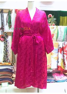 You will feel so comfortable wearing this robe!  It's made of natural silk material which is woven in a traditional silk village in Vietnam with a history of more than one thousand years in silk production.  Wearing this silk velvet robe, you will feel it very soft, smooth, light and super comfortable!  The robe has a belt with two side pockets and 3/4 sleeves. We can make custom length and size for you.  It's a nice gift for birthday, Mother's day, Valentine, Thanksgiving.  *Washing: Dry-cleaning is the best for the product but hand washing in cold water with mild detergent is fine.  *Shipping: We need around 5-10 days to make your order and it takes around 10 - 15 days for shipping.  *Please visit our shop to see more products: etsy.com/shop/IndochinaSilkVietnam **P/S: The actual color m Long Sleeve Silk Robe For Home, Silk Long Sleeve Home Robe, Long Sleeve Silk Robe, Silk V-neck Wedding Robe, Long Sleeve Silk Wedding Sleepwear, Silk Robe For Wedding Night With Long Sleeves, Silk Long Sleeve Robe For Wedding Night, Long Sleeve Silk Robe For Wedding Night, Pink Robe With Kimono Sleeves For Wedding