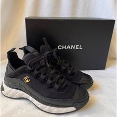 Comes With Box, 2 Dust Bags, Ribbon, Papers And Unused Extra Black Shoelaces. Description: This Is An Authentic Pair Of Chanel Velvet Calfskin Mixed Fibers Cc Sneakers, Size 37 In Black. These Stylish Sneakers Are Crafted Of Black Fabric, Suede, And Calfskin Leather With A Gold Chanel Cc On Each Side. In My Opinion These Are True To Size. Condition: Giftable Please Send Me A Reasonable Offer. Luxury Sneakers With Laces, Luxury Black Sneakers With Embroidered Logo, Black Sneakers For Streetwear, Stylish Black Sneakers For Streetwear, Luxury Black Lace-up Sneakers, Elegant Low-top Sneakers With Laces, Elegant Low-top Sneakers For Streetwear, Chic Black Leather Sneakers, Chic Formal Low-top Sneakers