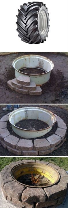 an outdoor fire pit made out of concrete blocks and steel grates is shown in three different views