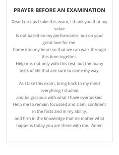 a poem written in black and white with the words prayer before an examination on it