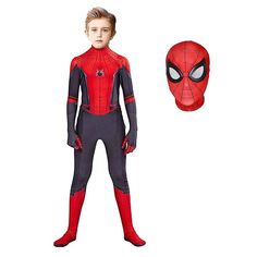 a young boy wearing a spider - man costume and standing in front of a white background