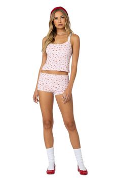 A dainty strawberry print decorates these stretchy cotton shorts designed in a leggy length with scalloped lace trim and a low-rise waist. Pull-on style 95% cotton, 5% spandex Machine wash, dry flat Imported Summer Cotton Sleepwear With Strawberry Print, Cute Cotton Short Sleepwear, Cute Cotton Sleepwear Short Length, Pink Fitted Bottoms With Strawberry Print, Summer Cotton Fitted Pajama Shorts, Cute Fitted Bottoms For Loungewear, Cute Fitted Loungewear Bottoms, Fitted Pink Bottoms With Strawberry Print, Fitted Cotton Pajama Shorts With Short Inseam