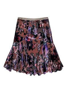 Go '70s chic with this gorgeous skirt from Etro! Made with a soft velvet floral print in a trendy midi silhouette, this bohemian beauty is perfect for a Decade of Disco-inspired look. Pair with a lacy blouse and booties to channel your inner Stevie Nicks. Size 6 (IT 42) Shell: 65% Viscose, 35% Silk Lining: 60% Acetate, 40% Viscose Made in Italy Concealed side zipper Lined Velvet floral print design Black and white printed waistband Waist 30" Total length 26" Bohemian Fall Party Skirt, Bohemian Floral Print Fall Skirt, Fall Bohemian Skirt With Floral Print, Fall Bohemian Floral Print Skirt, Bohemian Party Skirt With Floral Print, Flowy Floral Print Skirt For Fall, Elegant Multicolor Fall Skirt, Bohemian Knee-length Skirt For Fall, Lacy Blouse