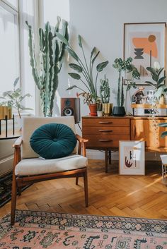 a living room filled with lots of plants next to a wooden dresser and chair on top of a hard wood floor