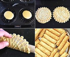 the process of making homemade waffles is shown in four different stages, including baking them