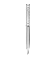 a silver pen on a white background