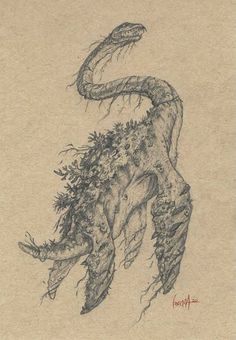 an ink drawing of a snake crawling out of the ground