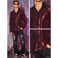 The shiny button down shirts are of sequin design, making you standing out from the crowd. Pair the sparkle sequin shirts with skinny jeans or leather pants and boots for showing your unique style. The sequin shiny shirts are great for fashion shows, stage performance, dancing, parties, wedding, music festivals, celebrations, etc. Winter Party Fitted Shirt, Fitted Winter Party Shirt, Fitted Shirt For Winter Party, Long Sleeve Sequin Shirt For Fall, Winter Party Slim Fit Tops, Long Sleeve Shirt For Night Out Party Season, Trendy Button-up Party Shirt, Red Top For Fall Costume Party, Red Tops For Fall Costume Party