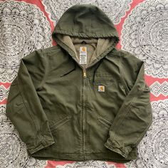 Euc. Heavyweight, 12-Ounce 100% Ring-Spun Washed Cotton Duck. Sherpa Lined. Quilted Nylon Sleeve Lining. Attached Sherpa Lined Hood With Hidden Drawcord. Pleated Elbows For Ease Of Movement. Internal Rib Knit Storm Cuffs Help Keep Out The Cold. Pleated Bi-Wing Back For Extra Stretch Across The Shoulders. Left Chest Pocket With Zipper Closure. Two Lower Front Pockets. Two Inner Pockets. C500 Firm Price Green Corduroy Jacket Outfit, Carhartt Womens Jacket, Pink Carhartt Jacket, Green Carhartt Jacket, Womens Carhartt, Pink Carhartt, Sherpa Lined Jacket, Carhartt Jackets, Carhartt Womens