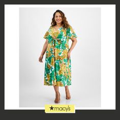 in stock Green Flutter Sleeve Beach Midi Dress, Short Sleeve Tropical Print Beach Cover-up Dress, Tropical Multicolor Maxi Length Cover-up, Maggy London, Midi Dress With Sleeves, Flutter Sleeve, Midi Dress, London, Plus Size