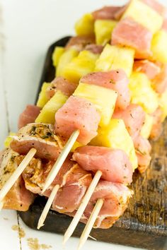 pineapple and ham kabobs on skewers with toothpicks