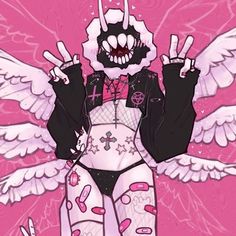 an image of a cartoon character with wings on her chest and hands in the air