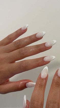 Nail Inspo Almond Milky White, Milky White Nail With French Tip, White Almond Nails Aesthetic, Milky White Nails With French Tip Almond, French Manicure With White Base, French Tip Gel X Nails Almond, Milky White On White French Nails, Milky White Nails With White French Tip