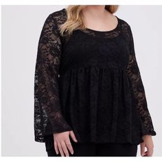 Torrid Babydoll Top Blouse Stretch Black Lace Size 0 Large Nwt A1 New, No Odors, Rips, Tears Or Stains. Please Know Your Torrid Size According To Their Website Chart. Bust Should Be 40-42" Fit Model Is 5'10" Wearing Size 1. Measures 30" From Shoulder (Size 2). Materials + Care Stretch Lace Fabric. 90% Nylon, 10% Spandex. Machine Wash Cold. Line Dry. Imported. Details Mock Neck. Lace Detail. Size: Large ***Any Offers Made At Or Less Than 50% Of The Listed Price Will Be Automatically Declined. If Black Stretch Lace, Lace Bell Sleeve Top, Stretch Lace Fabric, Clothing Guide, Women Blazer, Blazer Style, Lace Babydoll, Black Lace Tops, Trendy Plus Size Clothing