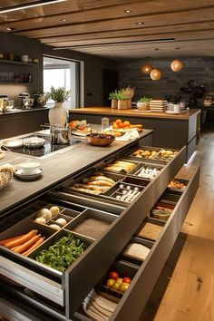 a kitchen filled with lots of food on top of a counter