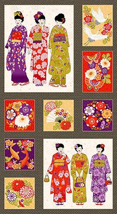 four women in kimonos with flowers and birds on the back ground, one woman holding