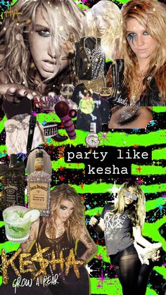 a collage of photos with the words party like kesha on it and images of women