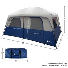 the interior tent height is shown with measurements for each side and an outer door open