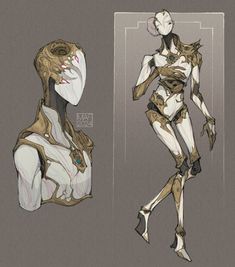 two different views of an alien woman in white and brown clothing, one with her head turned to the side