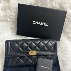 Preloved Chanel Boy Long Wallet Luxury Rectangular Wallets For Gifts, Luxury Rectangular Wallets For Gift, Luxury Bags With Card Slots For Gift, Designer Black Leather Wallet On Chain, Classic Rectangular Wallet On Chain As Gift, Luxury Wallet On Chain With Card Slots, Black Compact Luxury Bag, Chic Compact Black Bag, Luxury Black Compact Bag