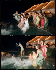 two pictures of people dancing in the water at night and then jumping into the pool