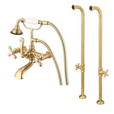 a gold faucet and shower head with two handset spout hoses