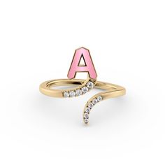 Pink A 14K Yellow Gold Initial Letter Dainty Ring Diamond Promise Ring With Initials, Diamond Accented Initial Open Ring, Personalized Fine Jewelry Diamond Open Ring, Fine Jewelry Cubic Zirconia Initial Open Ring, Rose Gold Diamond Initial Ring With Open Design, Rose Gold Diamond Initial Open Ring, Fine Jewelry Personalized Open Diamond Ring, Personalized Open Ring Diamond Fine Jewelry, Personalized Open Diamond Ring In Fine Jewelry Style