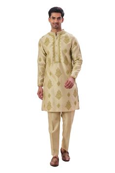 Sage green straight kurta with floral paisley tonal embroidered buttas. Comes with coordinating solid pyjama. - Aza Fashions Eid Fitted Kurta With Tonal Embroidery, Festive Traditional Wear With Tonal Embroidery For Eid, Eid Festive Traditional Wear With Tonal Embroidery, Eid Straight Kurta With Tonal Embroidery, Festive Wedding Sets With Tonal Embroidery, Festive Wedding Kurta With Tonal Embroidery, Festive Tonal Embroidery Sets For Eid, Festive Sets With Tonal Embroidery For Eid, Traditional Kurta With Tonal Embroidery For Eid