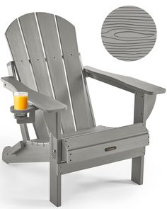 a gray adiron chair next to a cup with an orange juice in the middle