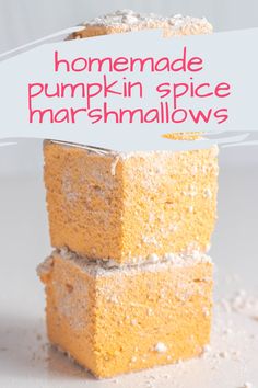 three pieces of homemade pumpkin spice marshmallows stacked on top of each other