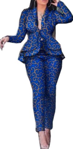 Fitted Two-piece Party Suits, Elegant Party Two-piece Pant Set, Formal Fitted Two-piece Pant Set, Fitted Ankara Fabric Sets For Wedding, Fitted Long Sleeve Matching Pant Set, Elegant Fitted Blue Pant Set, Elegant Blue Matching Set, Fitted Long Sleeve Pant Set For Party, Fitted Two-piece Long Sleeve Pant Set