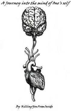 a drawing of a human heart hanging from a string with a brain attached to it