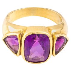 Three Amethysts on Yellow Gold 18k Ring. Italian work. Circa 1980. Ring size: 5 3/4. Mom Ring, Vintage Style Rings, Amethyst Jewelry, Three Stone Rings, Dream Jewelry, Three Stone, Fashion Rings, Mirrored Sunglasses, Jewelry Rings