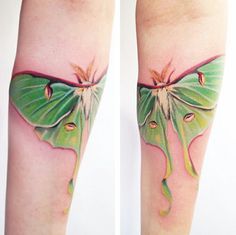 a green and white butterfly tattoo on the left leg, next to an image of a flower