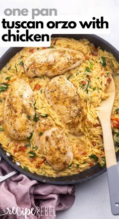 one pan tuscann orzo with chicken in a skillet