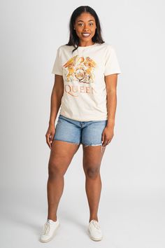 Queen vintage band tee from Lush Fashion Lounge women's boutique in Oklahoma City. Lush boutique in OKC has a variety of cute band tees, graphic tees, and more! This trendy vintage Queen t-shirt is a must have! You are sure to love this iconic graphic tee! Model is 5'10 size 29 wearing size medium. 100% cotton Officially licensed made for American Needle by Queen Trendy Band Logo T-shirt For Summer, Spring Band Logo Graphic Tee, Grunge Style Vintage Print T-shirt For Summer, Summer Band Logo Graphic Tee, Vintage T-shirt With Band Logo For Summer, Vintage Band Logo T-shirt For Summer, Vintage Band Tees, Queen Tshirt, Women's Boutique