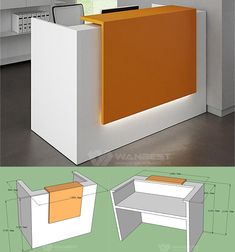 an orange and white reception desk with drawers