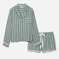 PJ Salvage's striped pajama set has every promise of a good winter night's sleep. Cut from the softest woven sateen, this forest green set allows you to embrace the winter spirit while staying cool and breathable during the night. Whether you're getting into the festive spirit or lounging around all year long, this set could not be a better addition to your sleep wardrobe. Striped Pajama Set, Striped Pajama, Winter Pajamas, Short Pj Set, Striped Pyjamas, Striped Short, Women Men Shoes, Trending Today, Pj Sets