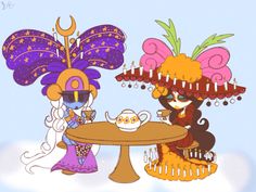 two cartoon characters sitting at a table with tea and cake on it's plates