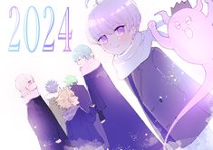 some anime characters are standing together in front of the numbers 2012 - 2014 written on it