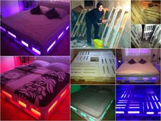 multiple pictures of different types of beds with lights on each side and the same bed made out of pallets