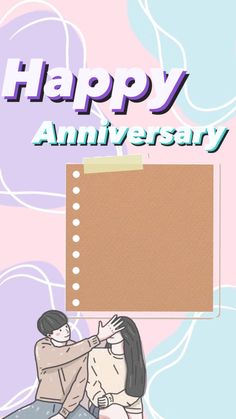 two people sitting next to each other in front of a happy anniversary card with the words,