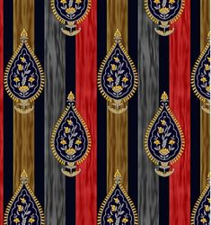 a striped wallpaper with gold and blue designs on black, red, and grey stripes