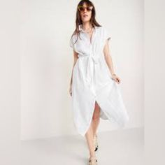 Old Navy Short-Sleeve Waist-Defined Midi Shirt Dress For Women White V-neck Shirt Dress With Relaxed Fit, Spring Shirt Dress With Tie Waist And Relaxed Fit, Spring Relaxed Fit Shirt Dress With Tie Waist, White Short Sleeve Shirt Dress For Summer, Casual Shirt Dress For Daytime In Summer, White Knee-length Relaxed Fit Shirt Dress, White Relaxed Fit Knee-length Shirt Dress, White Short Sleeve Shirt Dress With Relaxed Fit, Relaxed Fit Shirt Dress For Summer Daytime