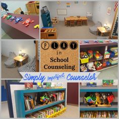 a collage of photos showing different types of bookshelves and tables with toys on them