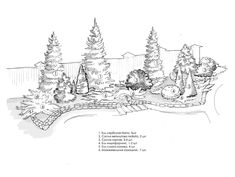 a black and white drawing of a garden with lots of trees in the middle of it